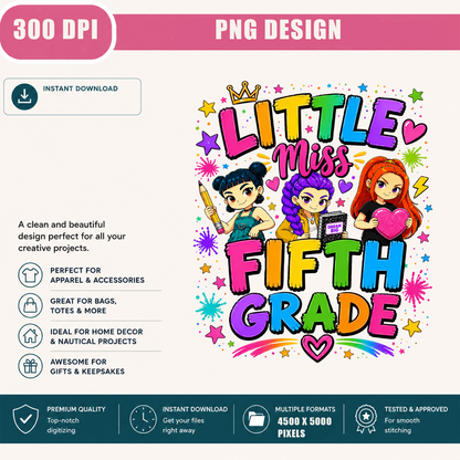 Fifth Grade Girl PNG | Cute Back to School Shirt Design | Colorful Student Sublimation Graphic | Instant Digital Download