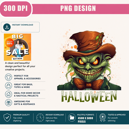 Scary Green Monster Halloween PNG Sublimation Design - Beetlejuice Style Horror Gentleman Digital File (4500x5000px, 300 DPI Transparent PNG)