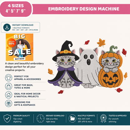 Halloween Cats Trio Machine Embroidery Design - Witch Ghost Pumpkin Kitten Digital File (4in, 5in, 7in, 9in) - EMB, DST, JEF, EXP, PES, VP3, HUS, XXX