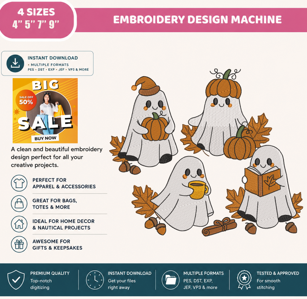 Cute Halloween Ghost Embroidery Design Bundle, Fall Ghosts with Pumpkin, Coffee & Book Machine Embroidery File, PES DST EXP JEF VP3 HUS XXX