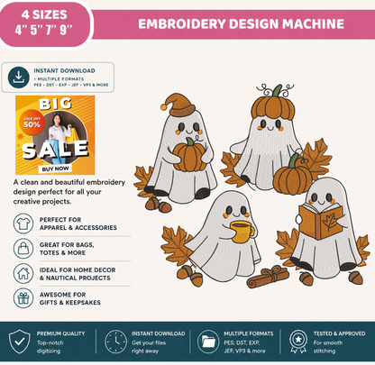 Cute Halloween Ghost Embroidery Design Bundle, Fall Ghosts with Pumpkin, Coffee & Book Machine Embroidery File, PES DST EXP JEF VP3 HUS XXX