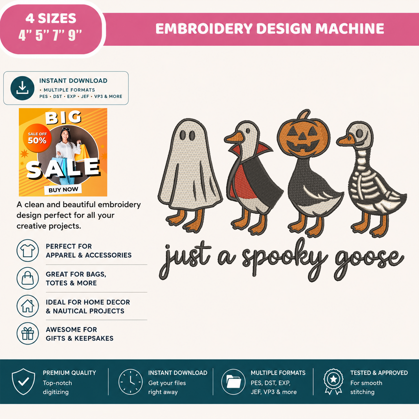 Just A Spooky Goose Machine Embroidery Design - Halloween Goose Costume Digital File (4in, 5in, 7in, 9in) - EMB, DST, JEF, EXP, PES, VP3, HUS, XXX
