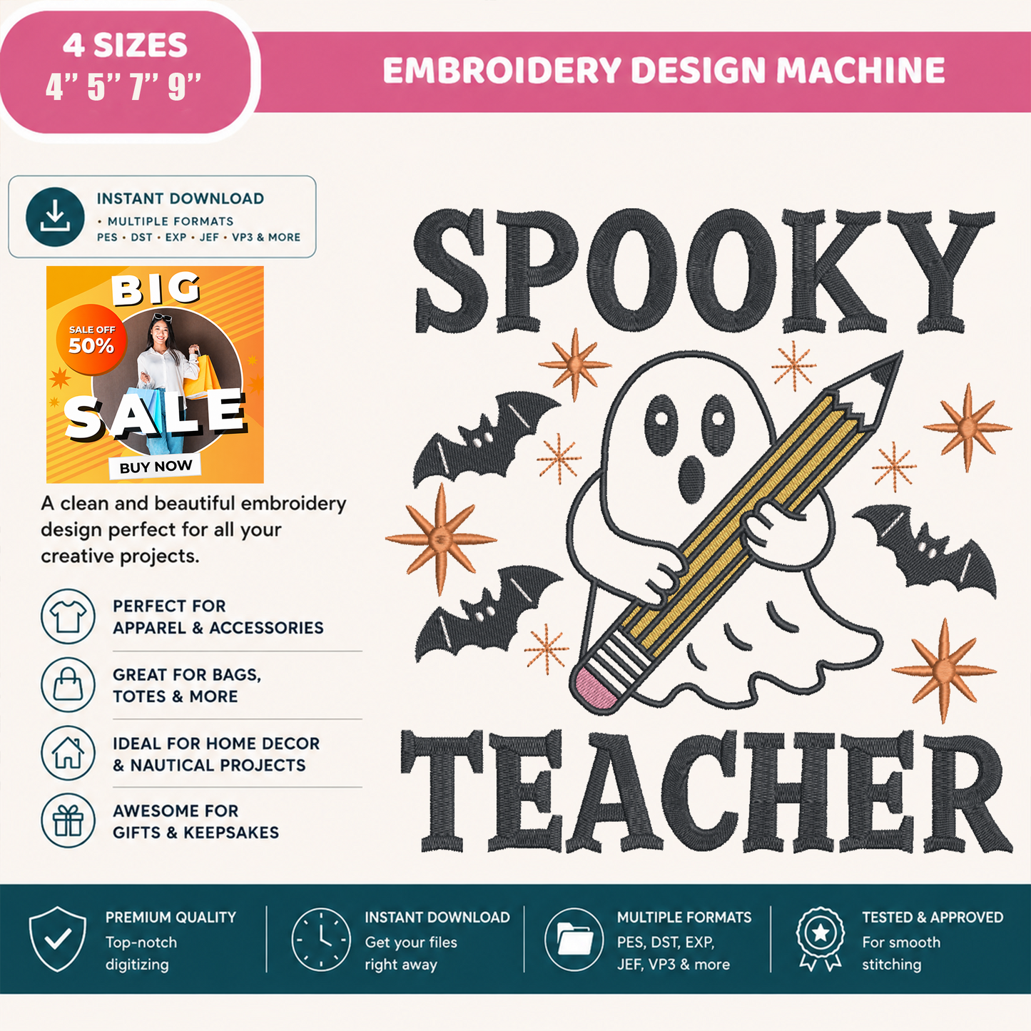 Spooky Teacher Ghost Machine Embroidery Design - Halloween Teacher Pencil Digital File (4in, 5in, 7in, 9in) - EMB, DST, JEF, EXP, PES, VP3, HUS, XXX