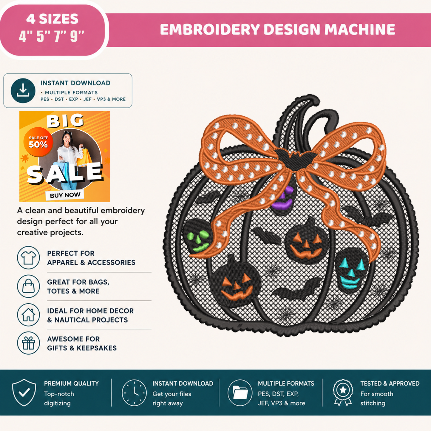 Spooky Lace Pumpkin with Bow Machine Embroidery Design - Colorful Neon Skull & Pumpkin Digital File (4in, 5in, 7in, 9in) - EMB, DST, JEF, EXP, PES, VP3, HUS, XXX