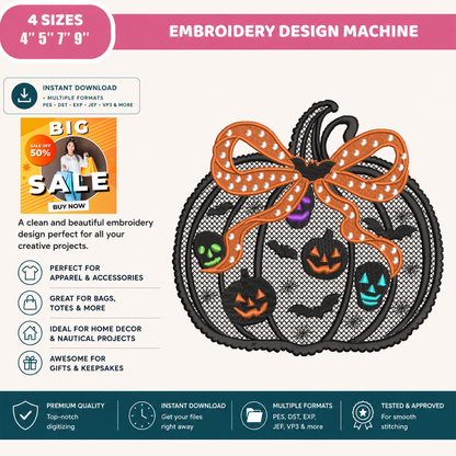 Spooky Lace Pumpkin with Bow Machine Embroidery Design - Colorful Neon Skull & Pumpkin Digital File (4in, 5in, 7in, 9in) - EMB, DST, JEF, EXP, PES, VP3, HUS, XXX