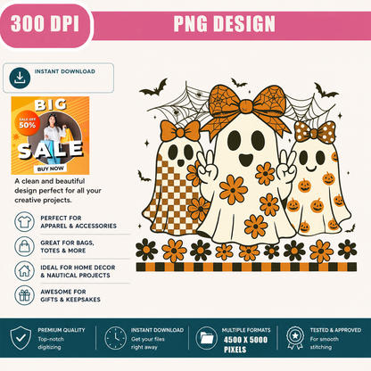 Groovy Coquette Ghosts PNG Sublimation Design - Retro Peace Sign Ghost Bow Daisy Halloween Digital File (4500x5000px, 300 DPI Transparent PNG)