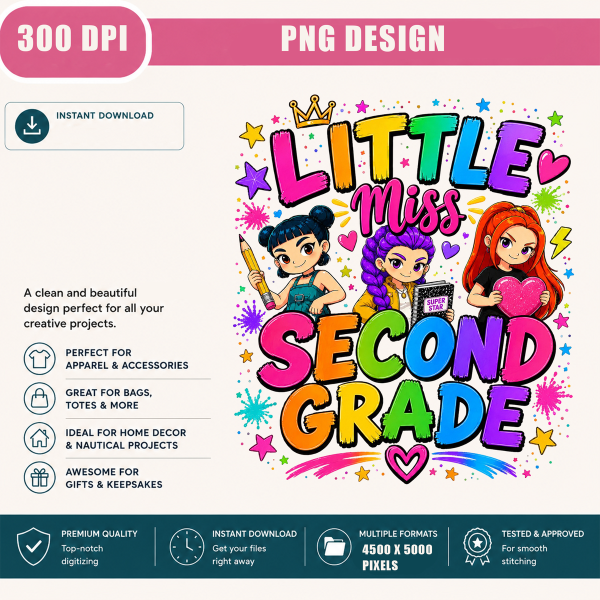 Second Grade Girl PNG | Cute Back to School Shirt Design | Colorful Student Sublimation Graphic | Instant Digital Download