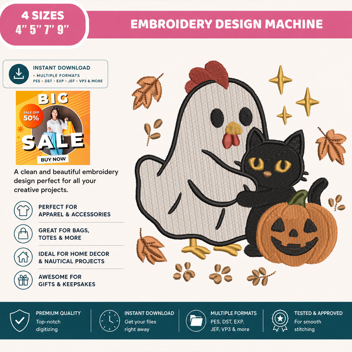 Ghost Chicken Black Cat Machine Embroidery Design - Spooky Farmhouse Pumpkin Digital File (4in, 5in, 7in, 9in) - EMB, DST, JEF, EXP, PES, VP3, HUS, XXX