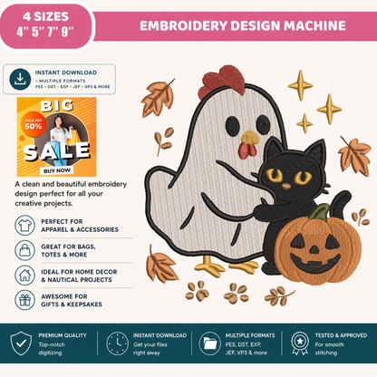 Ghost Chicken Black Cat Machine Embroidery Design - Spooky Farmhouse Pumpkin Digital File (4in, 5in, 7in, 9in) - EMB, DST, JEF, EXP, PES, VP3, HUS, XXX