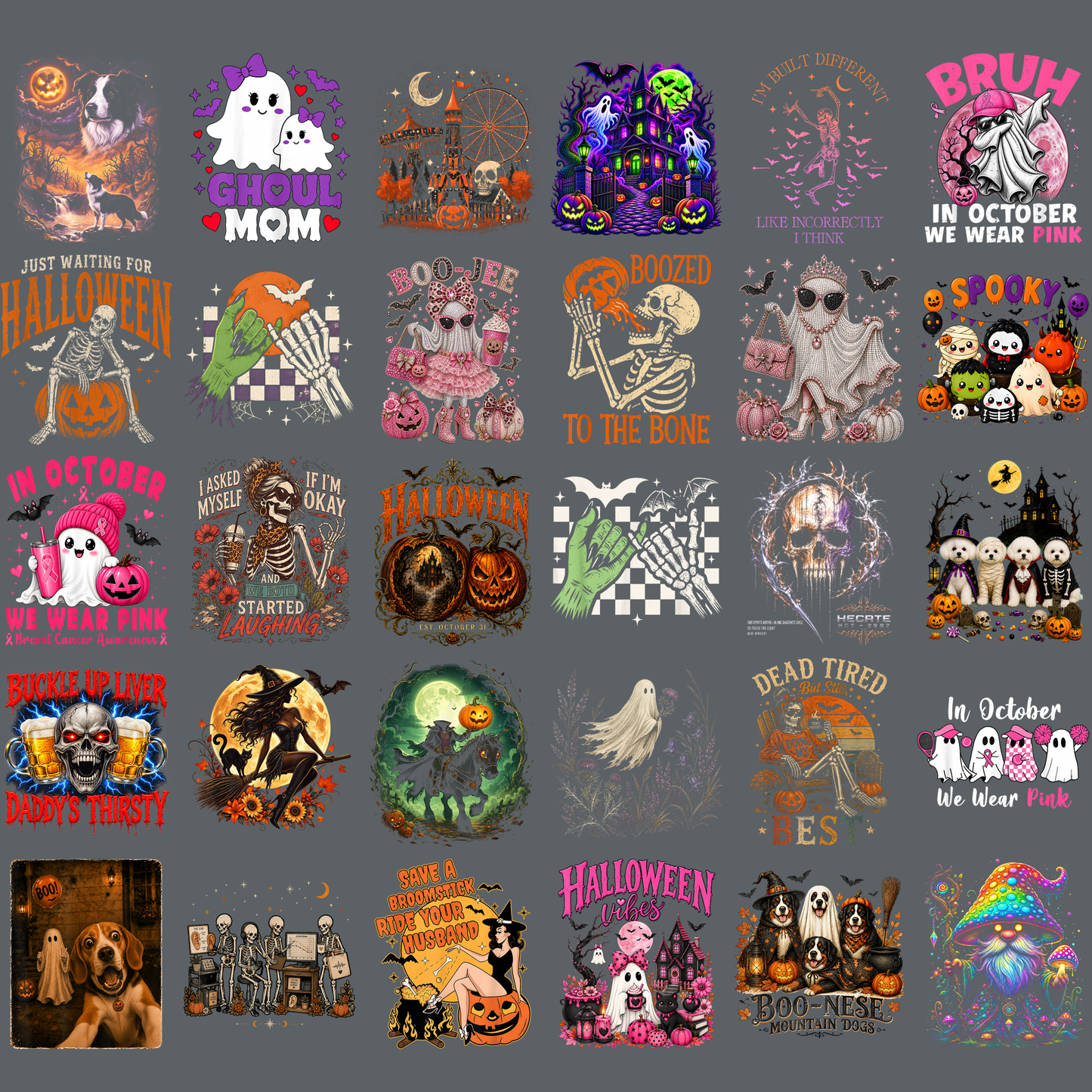 Halloween PNG Bundle 30 Designs - In October We Wear Pink Spooky Cute Ghost Funny Skeleton Dog Lovers Sublimation Digital File (4500x5000px, 300 DPI Transparent PNG)