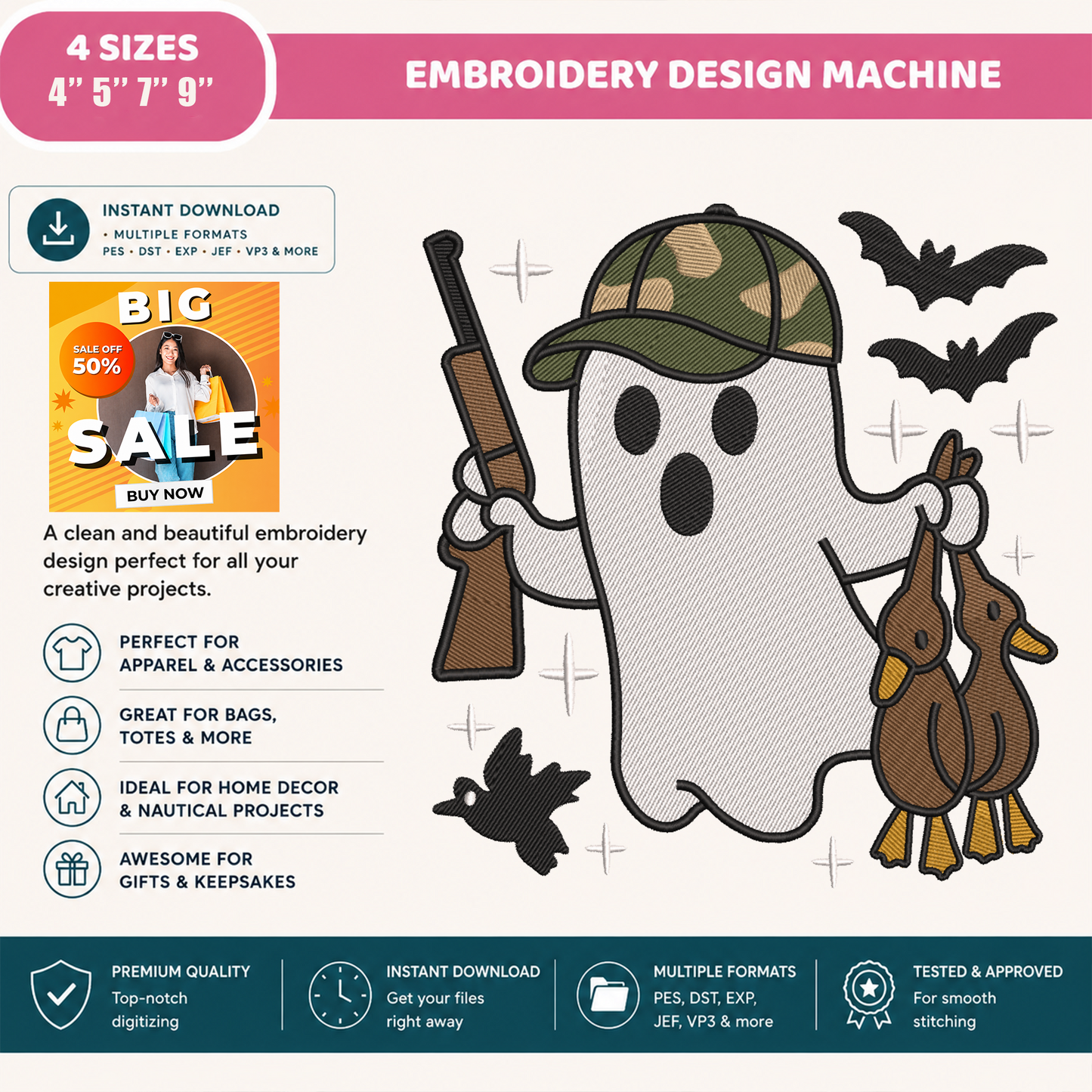 Duck Hunting Ghost Machine Embroidery Design - Camo Hunter Ghost Halloween Digital File (4in, 5in, 7in, 9in) - EMB, DST, JEF, EXP, PES, VP3, HUS, XXX
