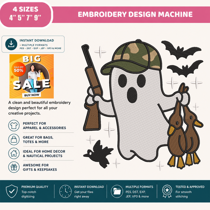 Duck Hunting Ghost Machine Embroidery Design - Camo Hunter Ghost Halloween Digital File (4in, 5in, 7in, 9in) - EMB, DST, JEF, EXP, PES, VP3, HUS, XXX