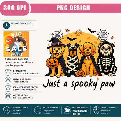 Halloween Dogs PNG Sublimation Design - Cute Spooky Dog Mom Golden Retriever Doberman Poodle Bulldog Digital File (4500x5000px, 300 DPI Transparent PNG)