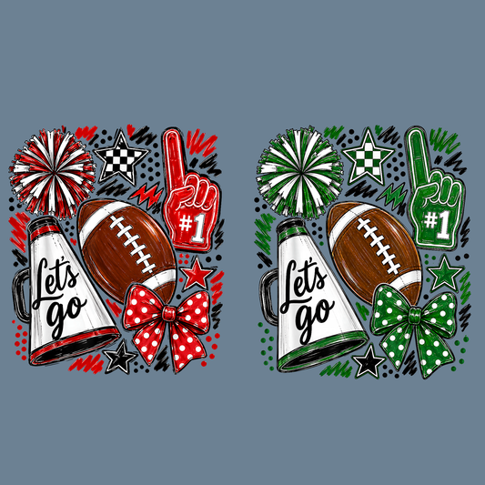 Football Game Day PNG Sublimation Design - 2 Pack Red Green Cheer Megaphone Pom Poms Bow Digital File (4500x5000px, 300 DPI Transparent PNG)