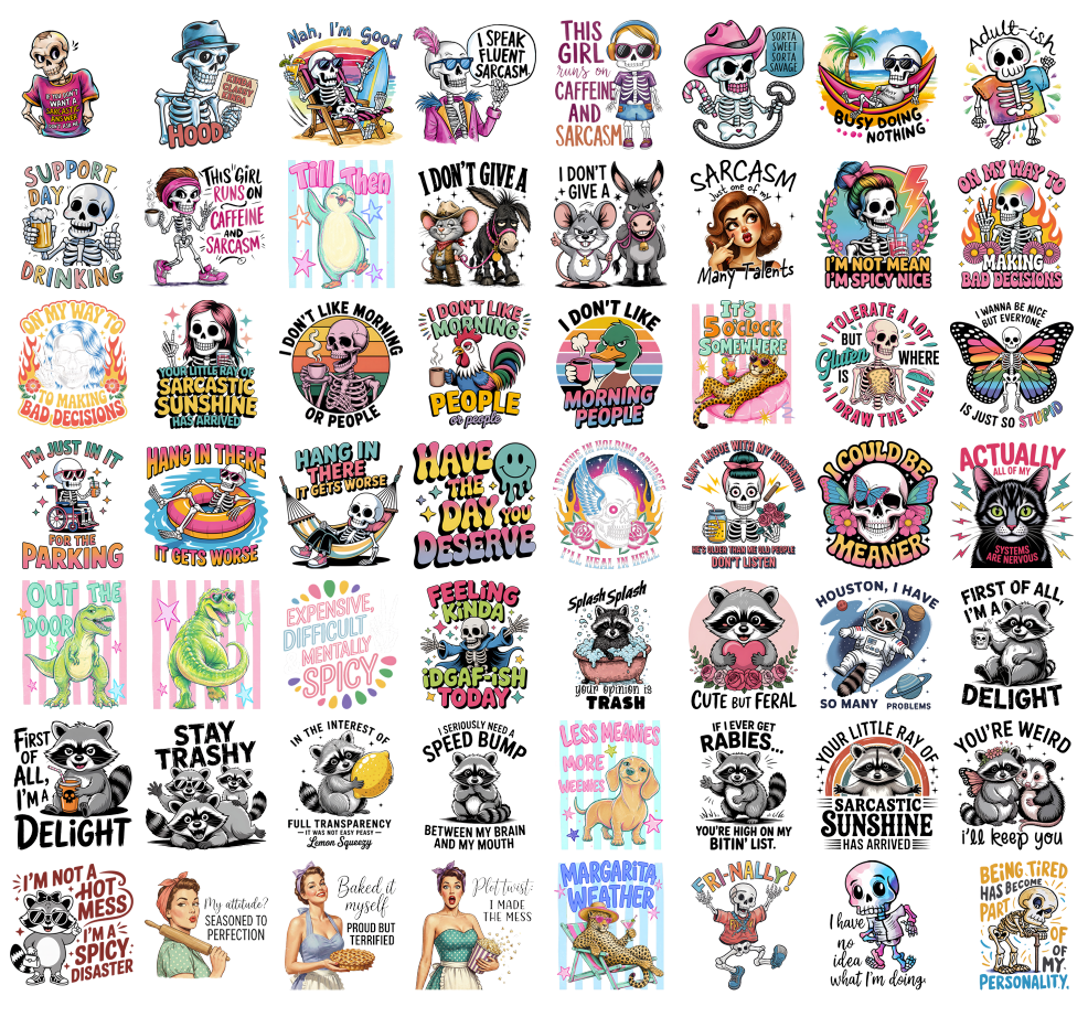 Funny Skeleton PNG Bundle, Sarcastic Quotes, Coffee Humor, Raccoon Cat Meme Shirt Designs, Sublimation PNG Digital Download