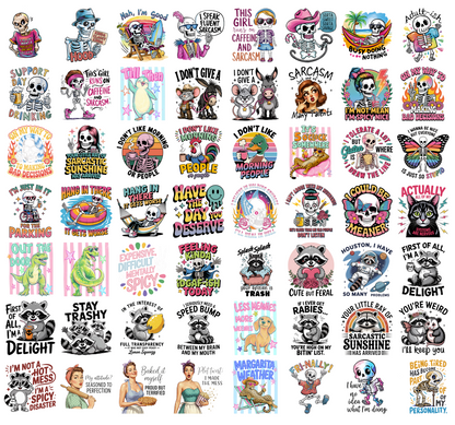 Funny Skeleton PNG Bundle, Sarcastic Quotes, Coffee Humor, Raccoon Cat Meme Shirt Designs, Sublimation PNG Digital Download