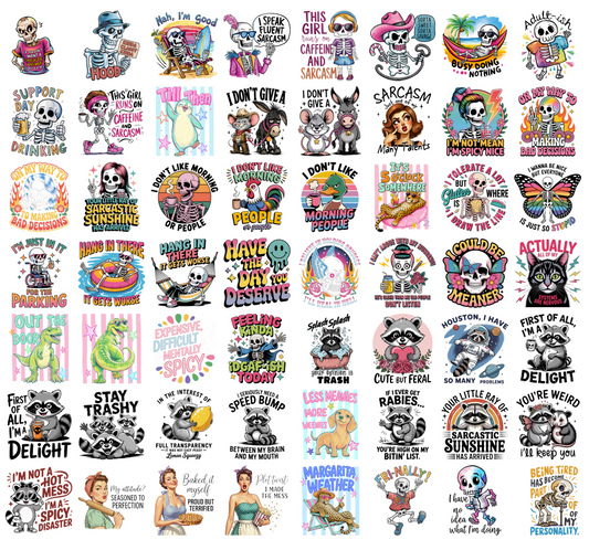 Funny Skeleton PNG Bundle, Sarcastic Quotes, Coffee Humor, Raccoon Cat Meme Shirt Designs, Sublimation PNG Digital Download