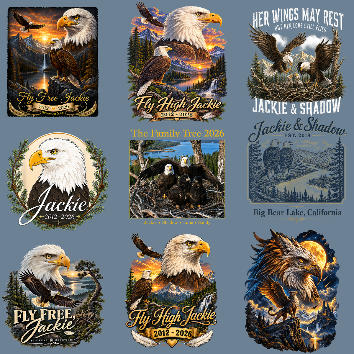 Jackie and Shadow Eagles PNG Bundle - 9 Fly High Free Jackie 2012-2026 Memorial Big Bear Lake Bald Eagle Sublimation Digital File (4500x5000px, 300 DPI Transparent PNG)