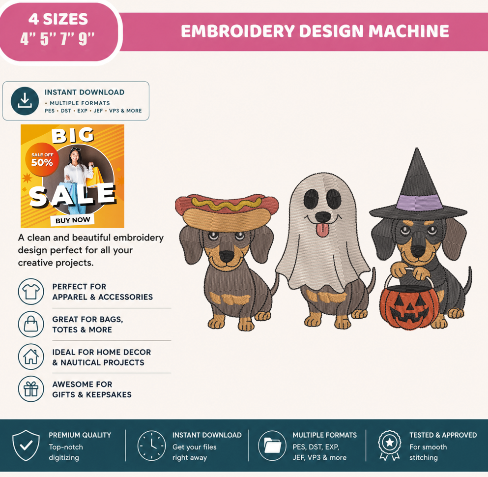 Halloween Dachshund Embroidery Design Bundle, Ghost Dog, Witch Dog & Hot Dog Doxie Machine Embroidery File, PES DST EXP JEF VP3 HUS XXX