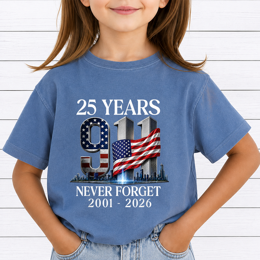 25 Years 911 Never Forget PNG Sublimation Design - 2001-2026 Twin Towers Patriot Day Metallic Digital File (4500x5000px, 300 DPI Transparent PNG)
