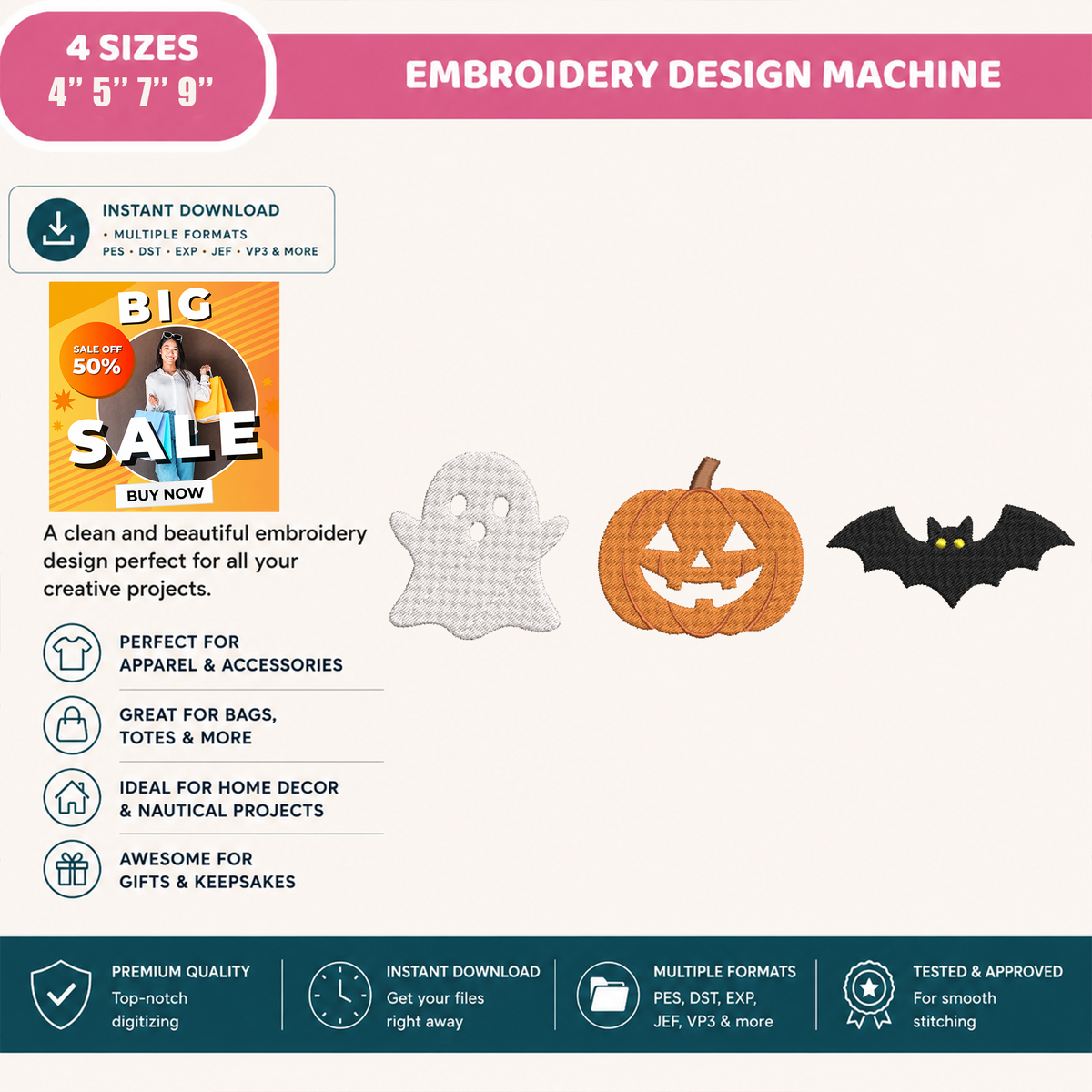 Ghost Pumpkin Bat Trio Machine Embroidery Design - Minimalist Halloween Line Digital File (4in, 5in, 7in, 9in) - EMB, DST, JEF, EXP, PES, VP3, HUS, XXX