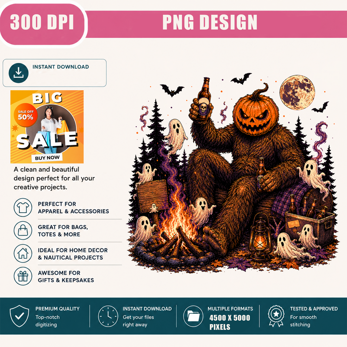 Halloween Bigfoot Pumpkin Head PNG, Sasquatch Campfire Beer PNG, Spooky Ghost Halloween Shirt Design, Vintage Horror Digital Download, 300 DPI Transparent PNG