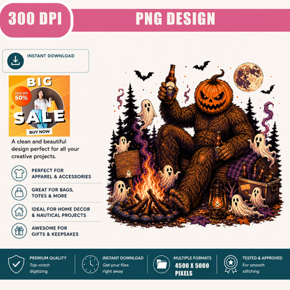 Halloween Bigfoot Pumpkin Head PNG, Sasquatch Campfire Beer PNG, Spooky Ghost Halloween Shirt Design, Vintage Horror Digital Download, 300 DPI Transparent PNG
