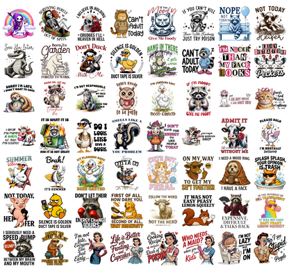 Funny Animal PNG Bundle, Sarcastic Quotes, Skeleton Raccoon Duck Cat Cow Shirt Designs, Sublimation PNG Digital Download