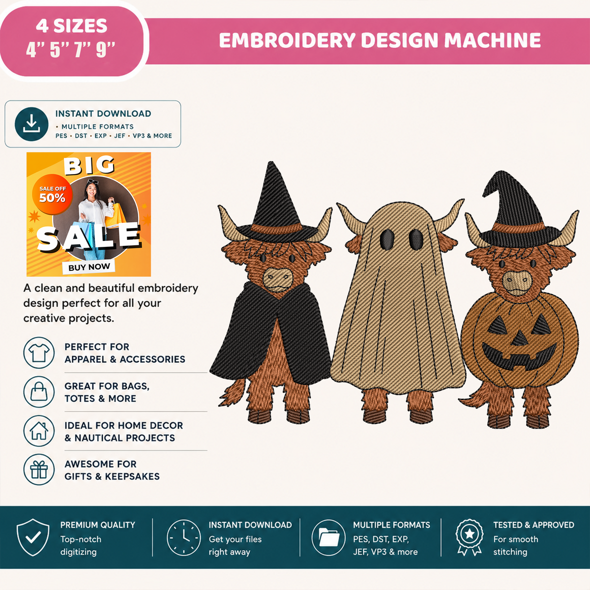 Halloween Highland Cows Trio Machine Embroidery Design - Spooky Farmhouse Ghost Pumpkin Digital File (4in, 5in, 7in, 9in) - EMB, DST, JEF, EXP, PES, VP3, HUS, XXX