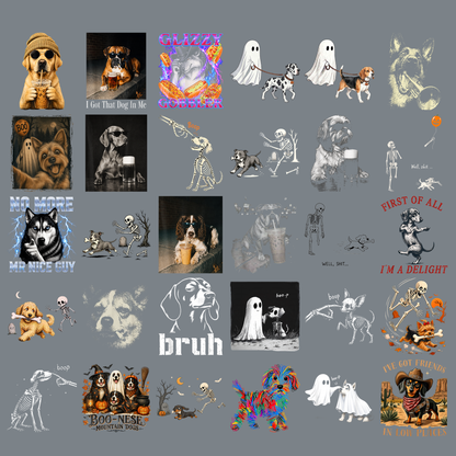 Halloween Dog PNG Bundle 30 Designs - Spooky Ghost Dog Walking Skeleton Chasing Dog Cool Dogs Drinking Coffee Beer Sublimation Digital File (4500x5000px, 300 DPI Transparent PNG)