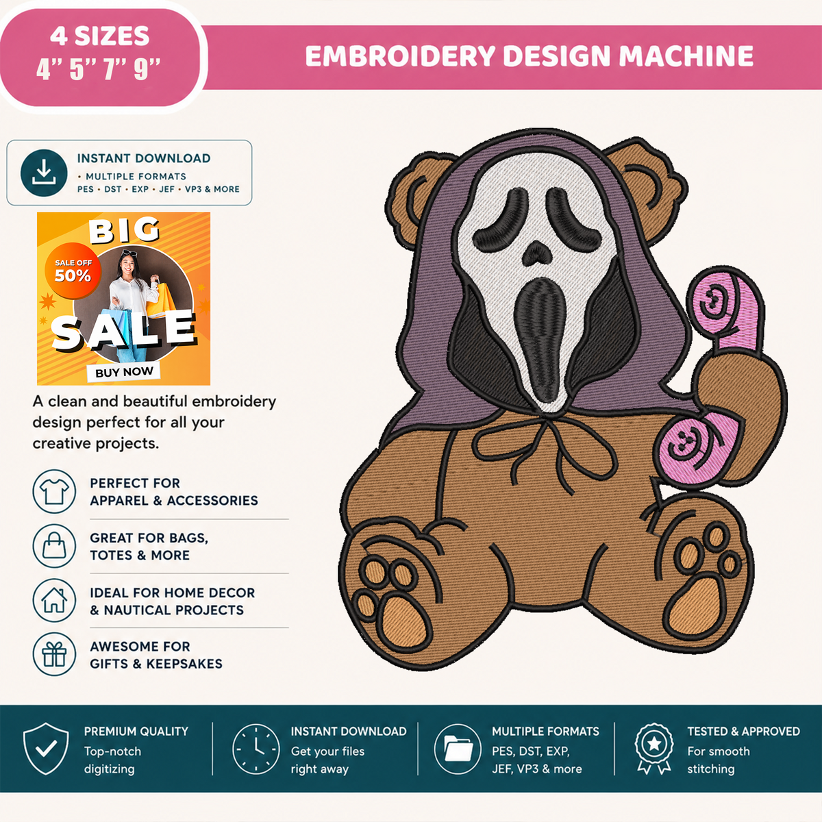 Ghostface Scream Teddy Bear Machine Embroidery Design - Cute Pink Phone Horror Halloween Digital File (4in, 5in, 7in, 9in) - EMB, DST, JEF, EXP, PES, VP3, HUS, XXX