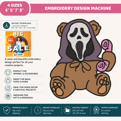 Ghostface Scream Teddy Bear Machine Embroidery Design - Cute Pink Phone Horror Halloween Digital File (4in, 5in, 7in, 9in) - EMB, DST, JEF, EXP, PES, VP3, HUS, XXX