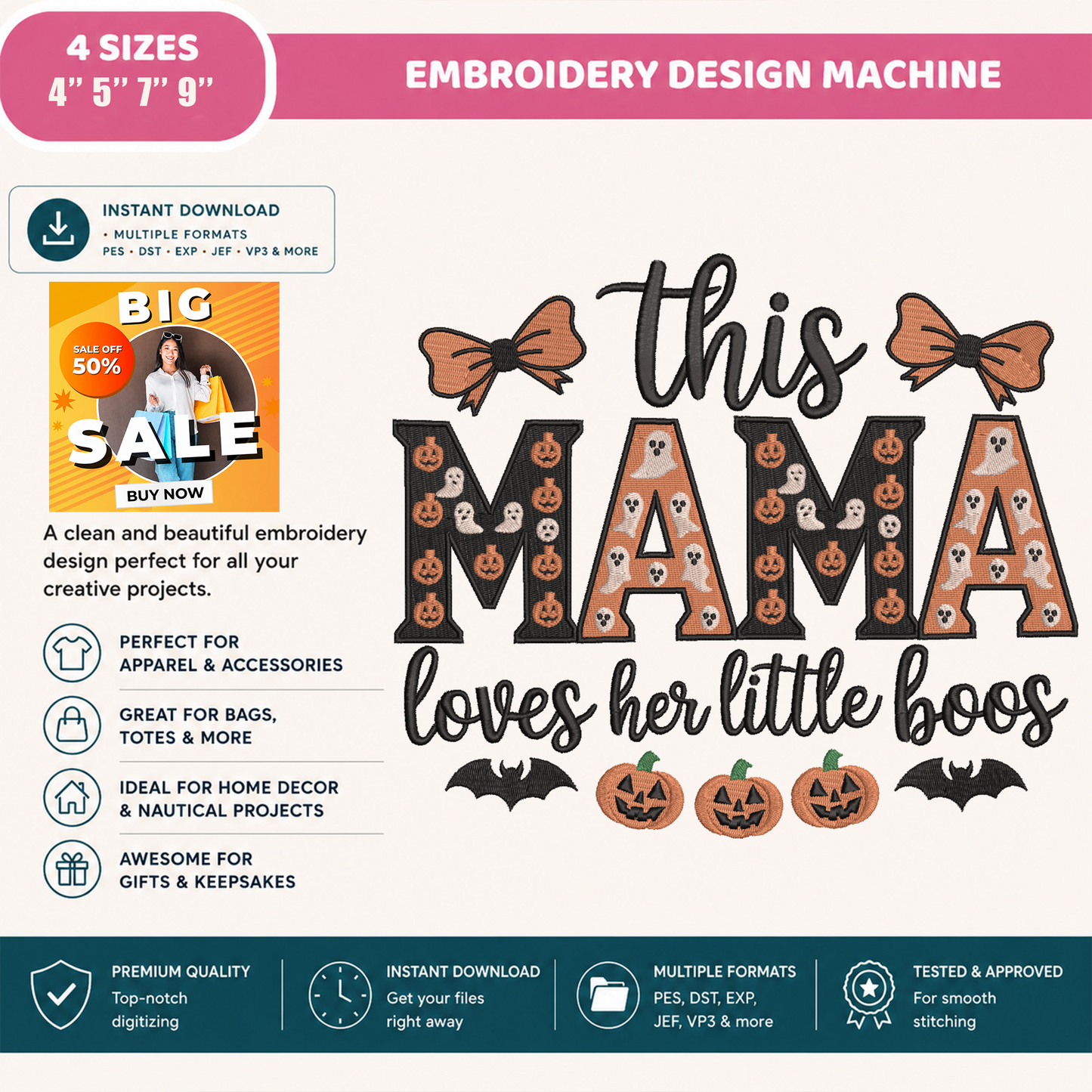 This Mama Loves Her Little Boos Machine Embroidery Design - Spooky Halloween Mama Digital File (4in, 5in, 7in, 9in) - EMB, DST, JEF, EXP, PES, VP3, HUS, XXX