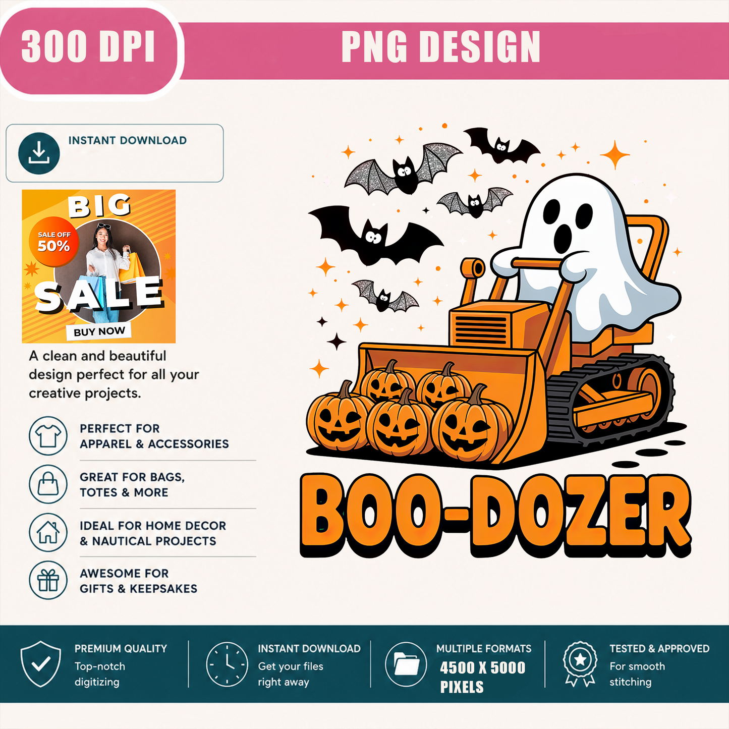 Boo Dozer PNG Sublimation Design - Cute Construction Ghost Bulldozer Pumpkin Halloween Digital File (4500x5000px, 300 DPI Transparent PNG)