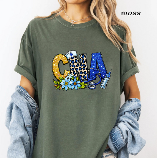 CNA Nurse PNG, Certified Nursing Assistant, Leopard Print Letters, Blue Glitter Floral, Nurse Shirt Sublimation Design, Digital Download