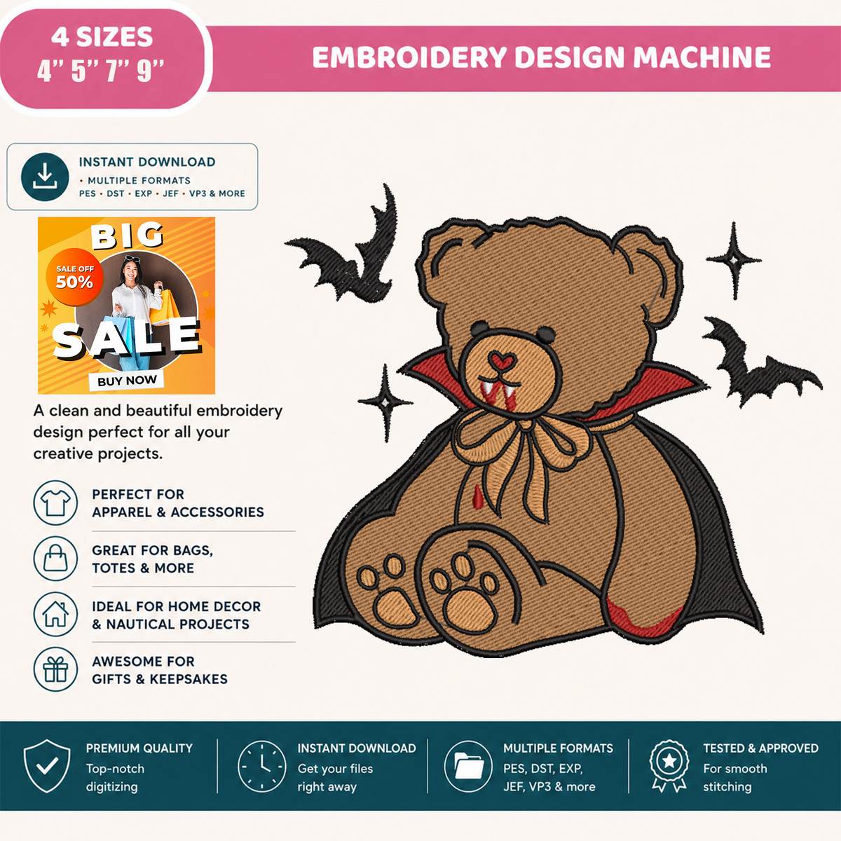 Vampire Teddy Bear Machine Embroidery Design - Cute Dracula Bear Halloween Digital File (4in, 5in, 7in, 9in) - EMB, DST, JEF, EXP, PES, VP3, HUS, XXX