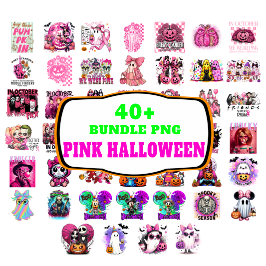 Pink Halloween PNG Bundle - In October We Wear Pink & Horror Movies Sublimation Designs 300 DPI