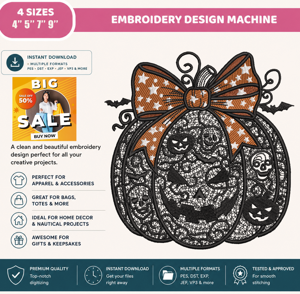 Halloween Pumpkin Lace Bow Embroidery Design, Spooky Jack O Lantern Machine Embroidery File, Bat & Skull Embroidery Pattern, PES DST EXP JEF VP3 HUS XXX