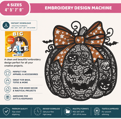 Halloween Pumpkin Lace Bow Embroidery Design, Spooky Jack O Lantern Machine Embroidery File, Bat & Skull Embroidery Pattern, PES DST EXP JEF VP3 HUS XXX
