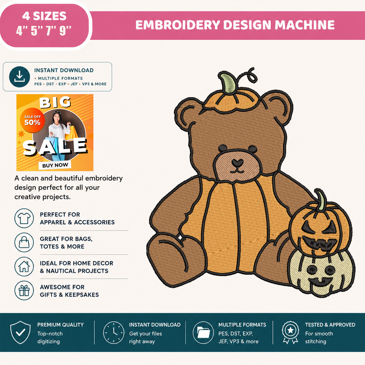 Pumpkin Teddy Bear Machine Embroidery Design - Stacked Pumpkins Halloween Digital File (4in, 5in, 7in, 9in) - EMB, DST, JEF, EXP, PES, VP3, HUS, XXX