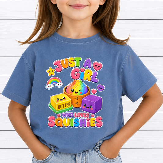 Just A Girl Who Loves Squishies PNG Sublimation Design - Cute Kawaii Rainbow Dumpling Butter Toy Kids Shirt Digital File (4500x5000px, 300 DPI Transparent PNG)