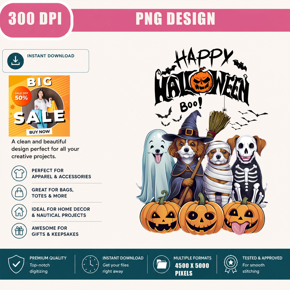 Happy Halloween Dog Squad PNG Sublimation Design - Cute Spooky Dog Mom Witch Ghost Mummy Skeleton Digital File (4500x5000px, 300 DPI Transparent PNG)