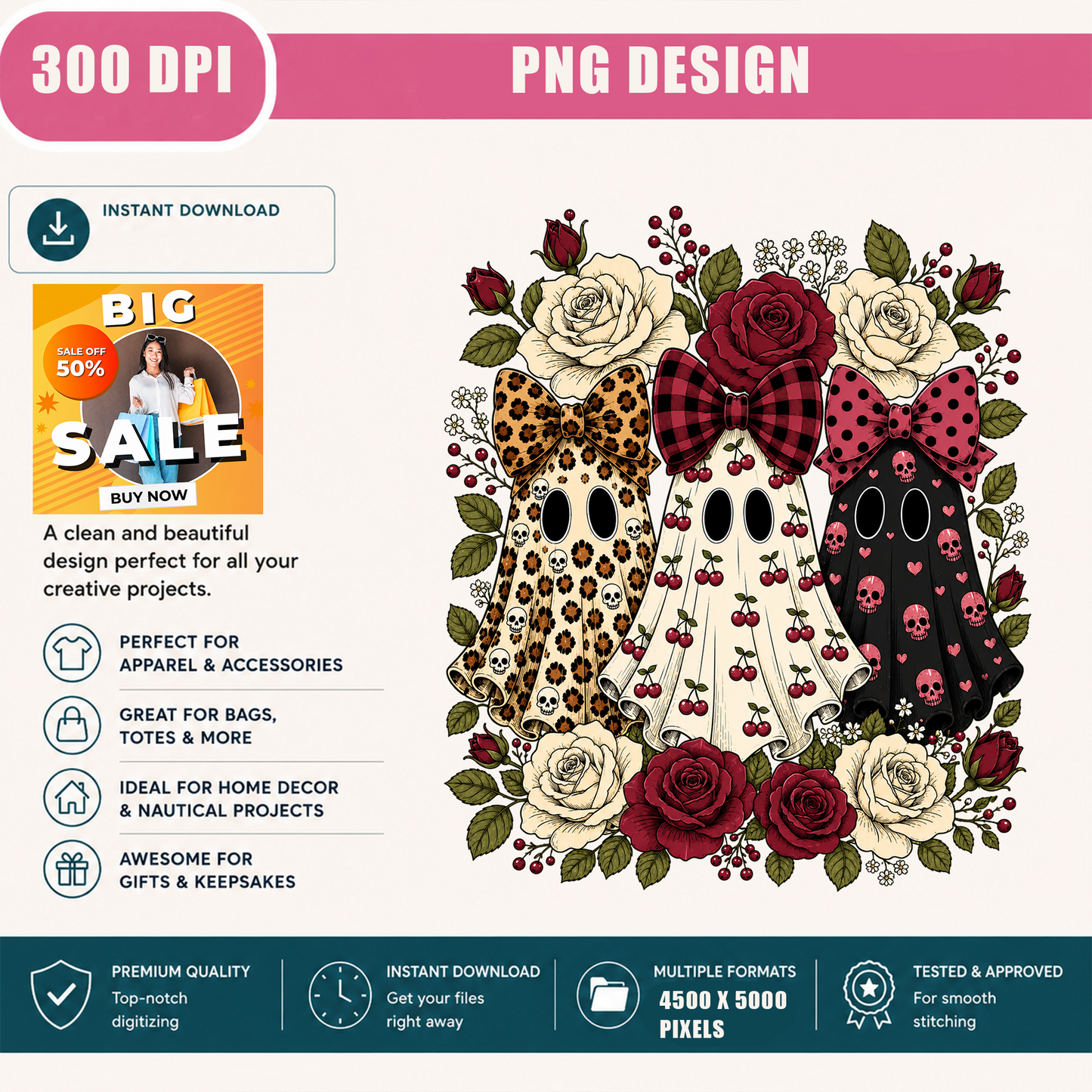 Coquette Ghosts PNG Sublimation Design - Vintage Floral Cherry Leopard Bow Skull Roses Halloween Digital File (4500x5000px, 300 DPI Transparent PNG)