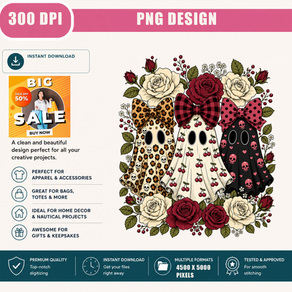 Coquette Ghosts PNG Sublimation Design - Vintage Floral Cherry Leopard Bow Skull Roses Halloween Digital File (4500x5000px, 300 DPI Transparent PNG)
