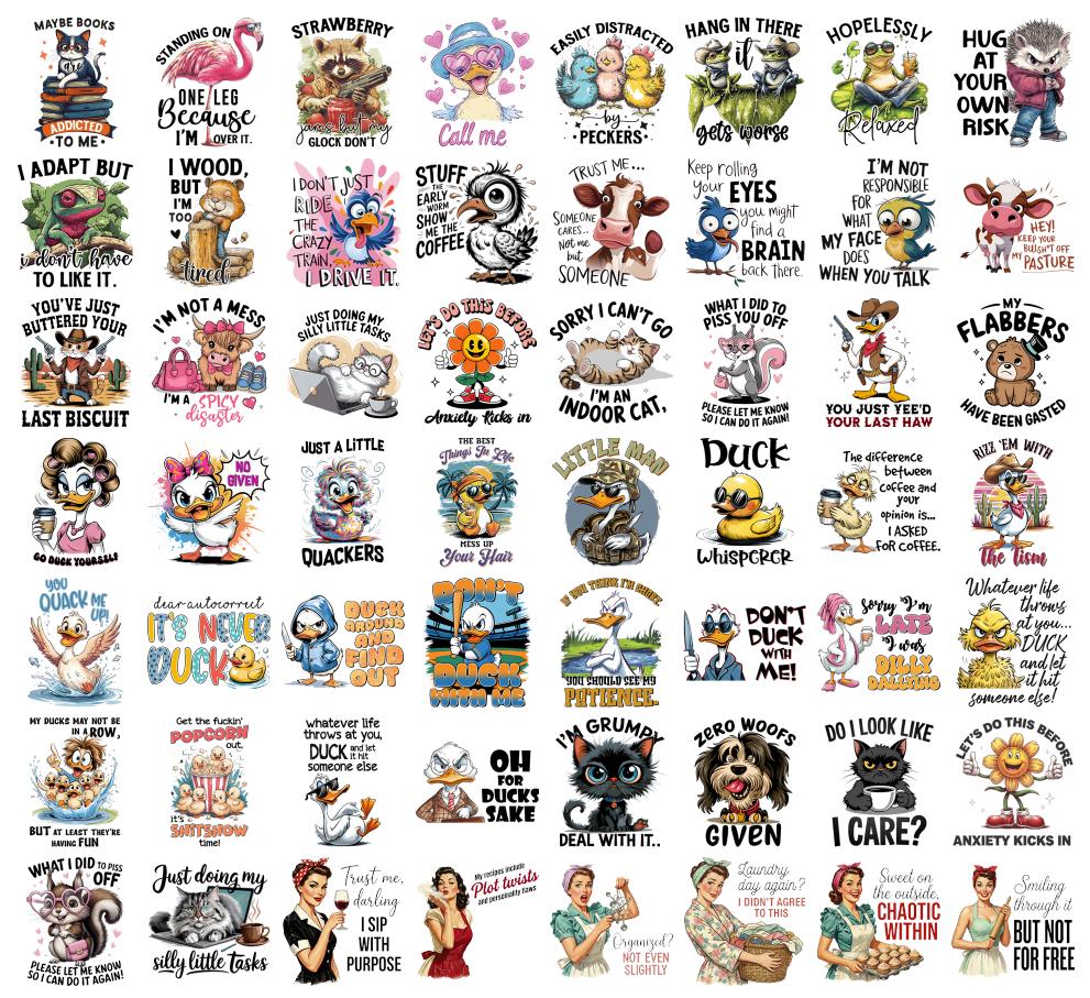 Funny Animal PNG Bundle, Sarcastic Quotes, Duck Cat Cow Bird Frog Dog Retro Vintage Shirt Designs, Sublimation PNG Digital Download
