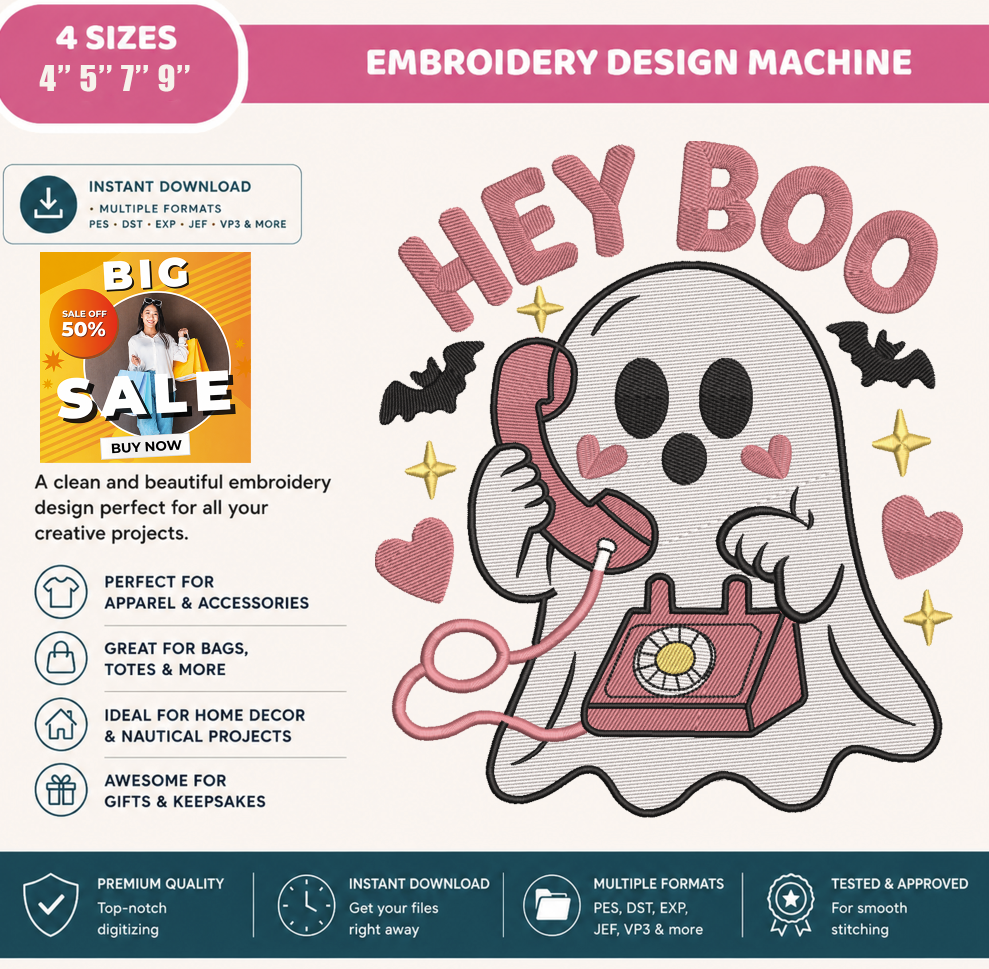 Hey Boo Ghost Embroidery Design, Cute Ghost with Pink Vintage Telephone Machine Embroidery File, Halloween, PES DST EXP JEF VP3 HUS XXX