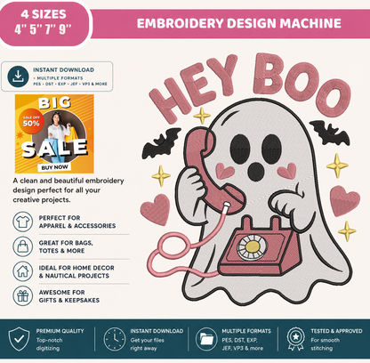 Hey Boo Ghost Embroidery Design, Cute Ghost with Pink Vintage Telephone Machine Embroidery File, Halloween, PES DST EXP JEF VP3 HUS XXX