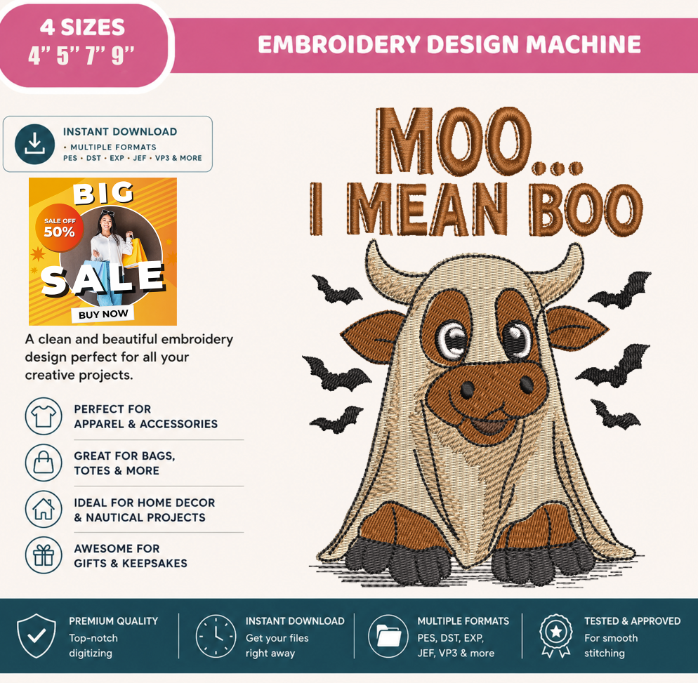 Moo I Mean Boo Cow Ghost Embroidery Design, Cute Halloween Cow Machine Embroidery File, Funny Farm Animal Embroidery Pattern, PES DST EXP JEF VP3 HUS XXX