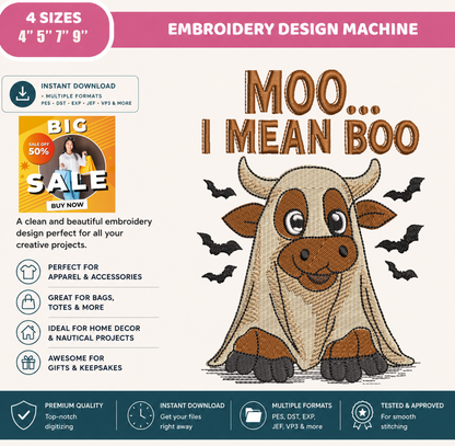 Moo I Mean Boo Cow Ghost Embroidery Design, Cute Halloween Cow Machine Embroidery File, Funny Farm Animal Embroidery Pattern, PES DST EXP JEF VP3 HUS XXX