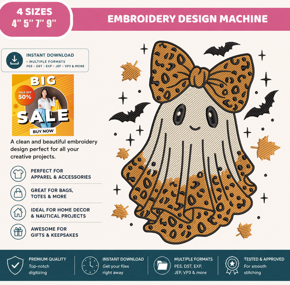 Cute Ghost with Leopard Bow Embroidery Design, Halloween Ghost Machine Embroidery File, Leopard Print Ghost, PES DST EXP JEF VP3 HUS XXX